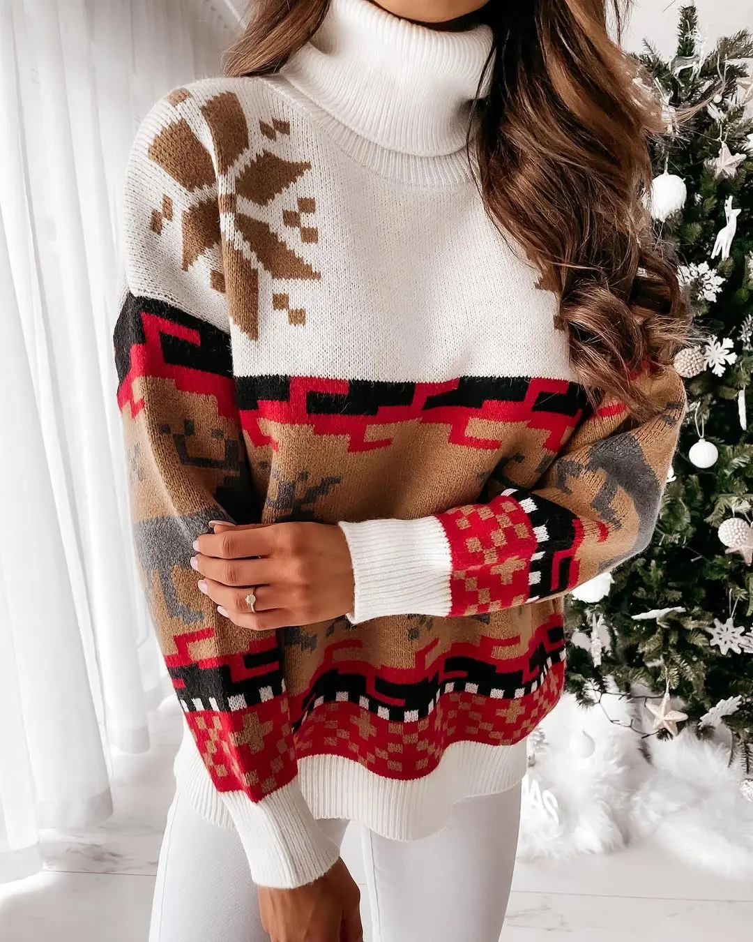 cardigan Women's Christmas Sweaters Fall Winter Warm Knitted Printing Turtleneck Long Sleeve Pullover Top Streetwear Xmas Gift 2022 striped sweater