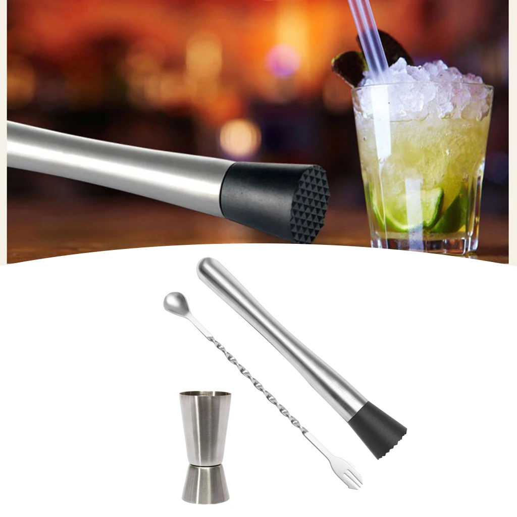 Stainless Cocktails Muddler Measure Cup Jigger Mixing Spoon Bar Wine Tools