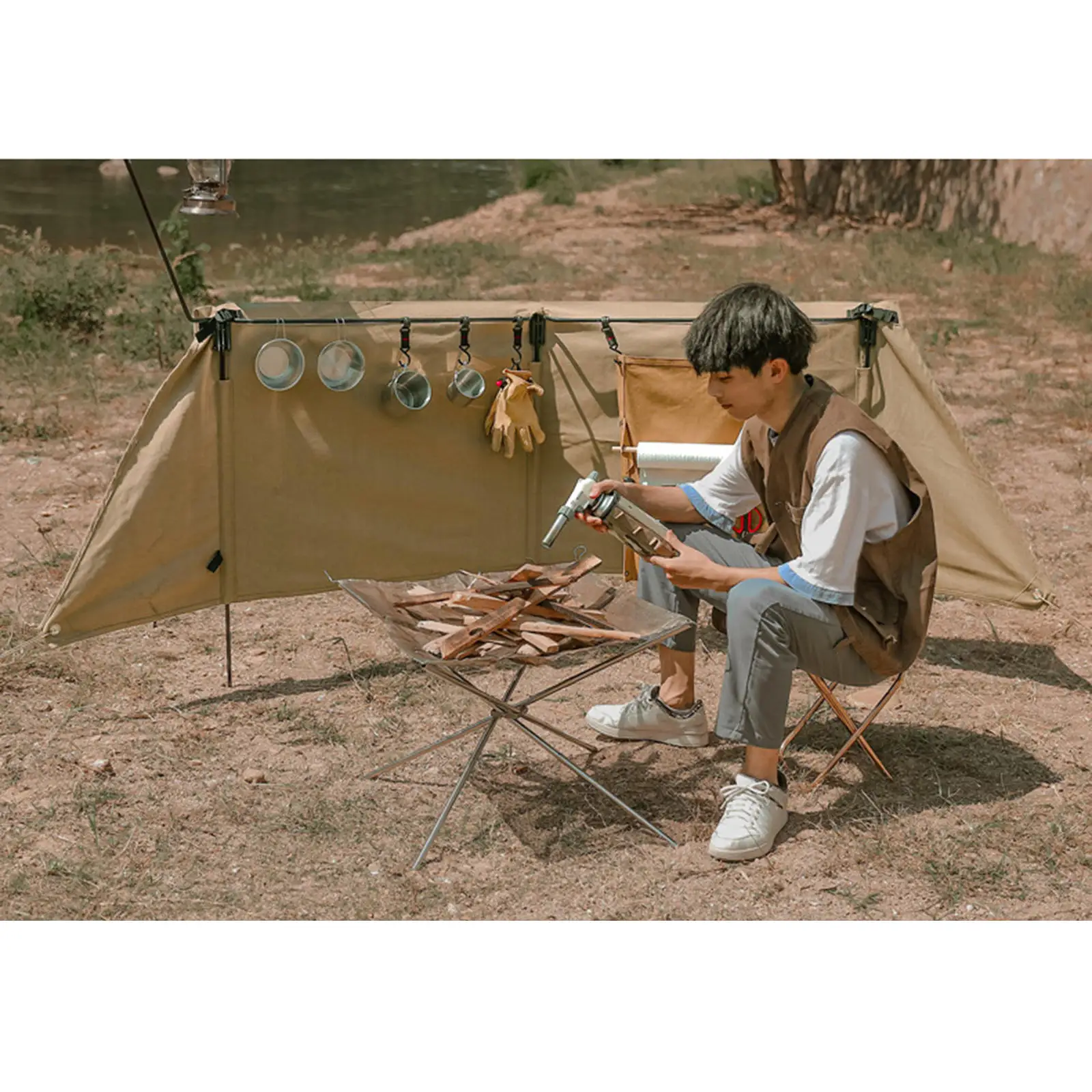 Portable Outdoor Camping Wind Shield Stand Fireproof Cooker Stove Canvas Windscreen Holder Barbecue Windshield