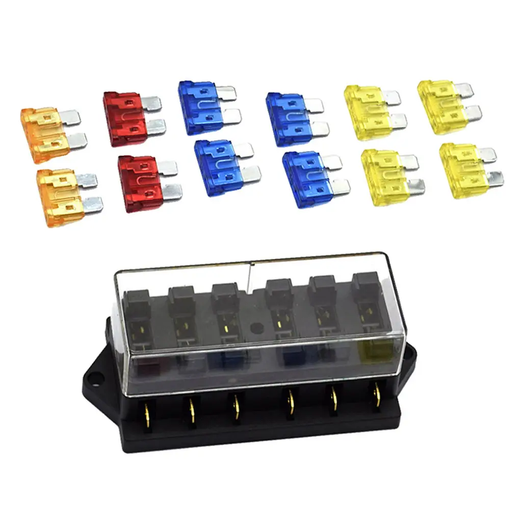 Car 6-Way Blades Circuit Fuse Box Holder 5A/10A/15A/20A Fuses for Yacht RV