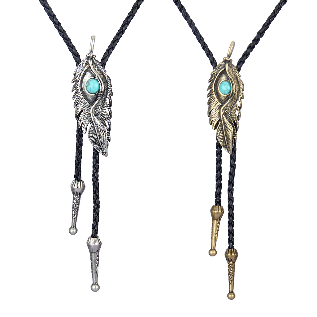 Feather Shape Pendant Bolo Tie Leather Necktie Western Cowboy Cowgirl Rodeo Necklace Gift
