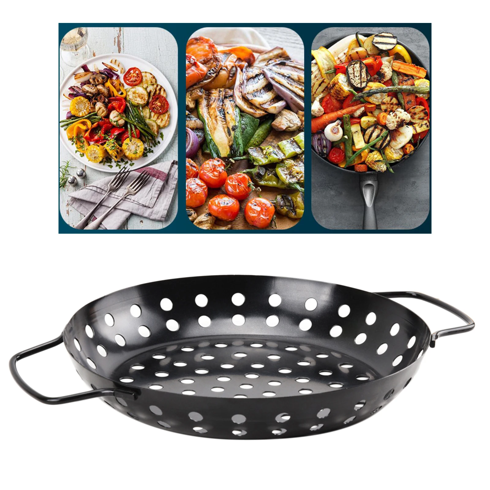 Carbon Steel BBQ Grill Pan Barbecue Grilling Tray Baking Plate for Pizza, Meat, Vegetables