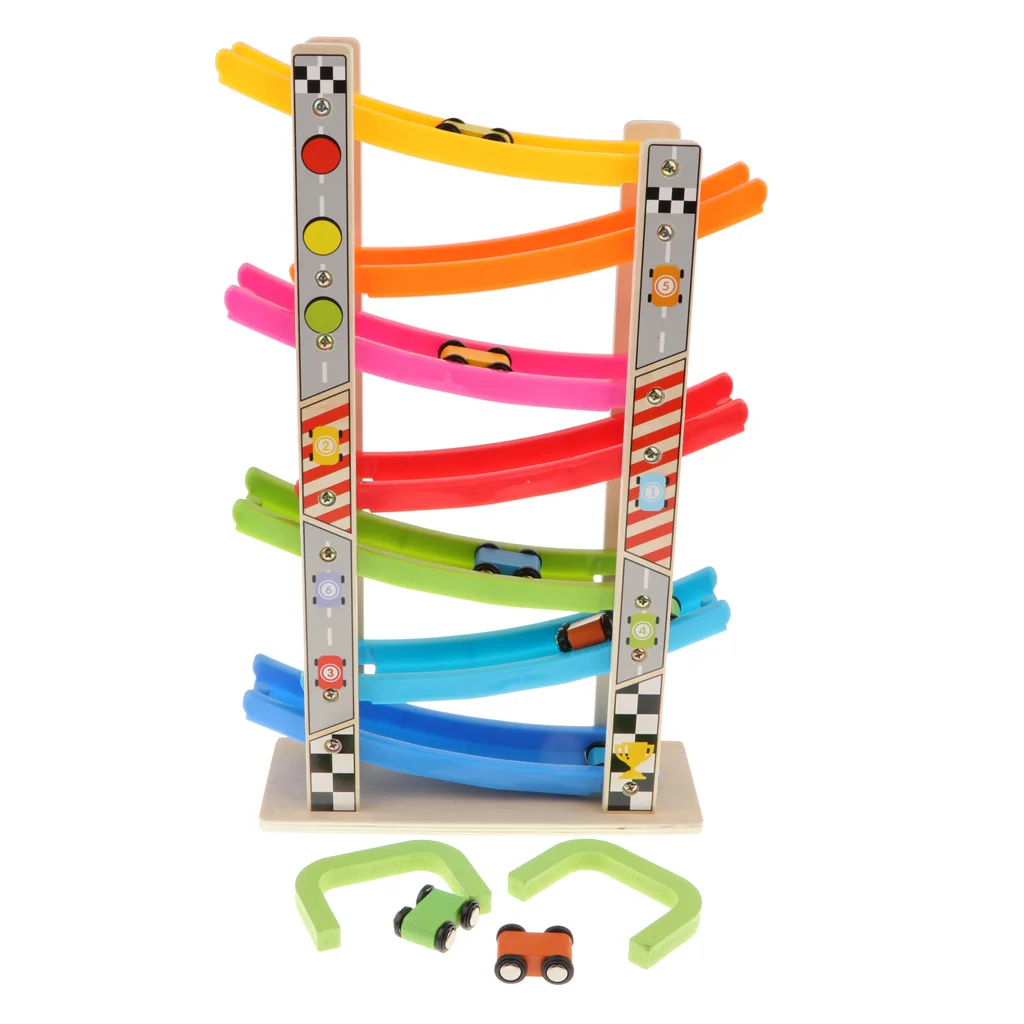 Wooden 7 Layer Ramp Track & Race Car Developmental Toy Vehicle W/ 8 Racers