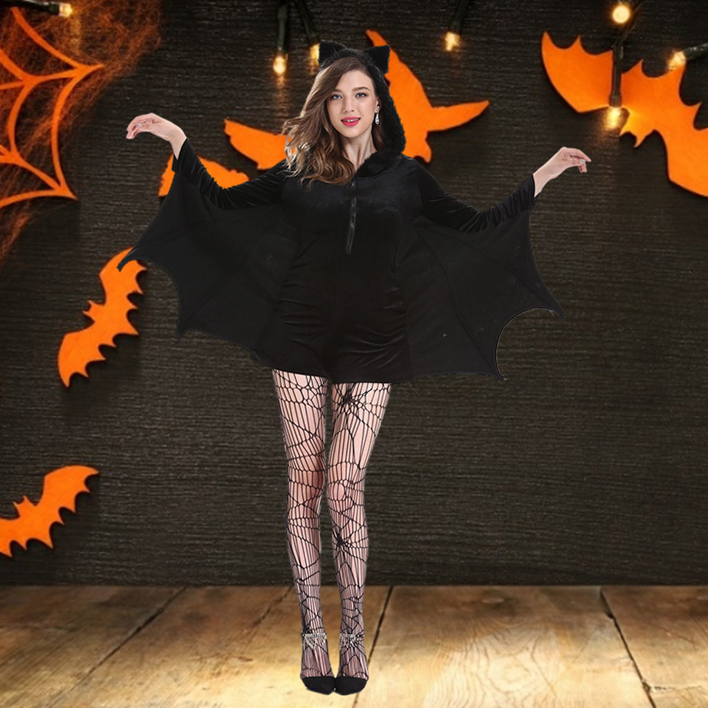Black Bat Cosplay Costume Masquerade Woman Black Evil Horror Hooded Bat Sleeve Cosplay Halloween Costumes