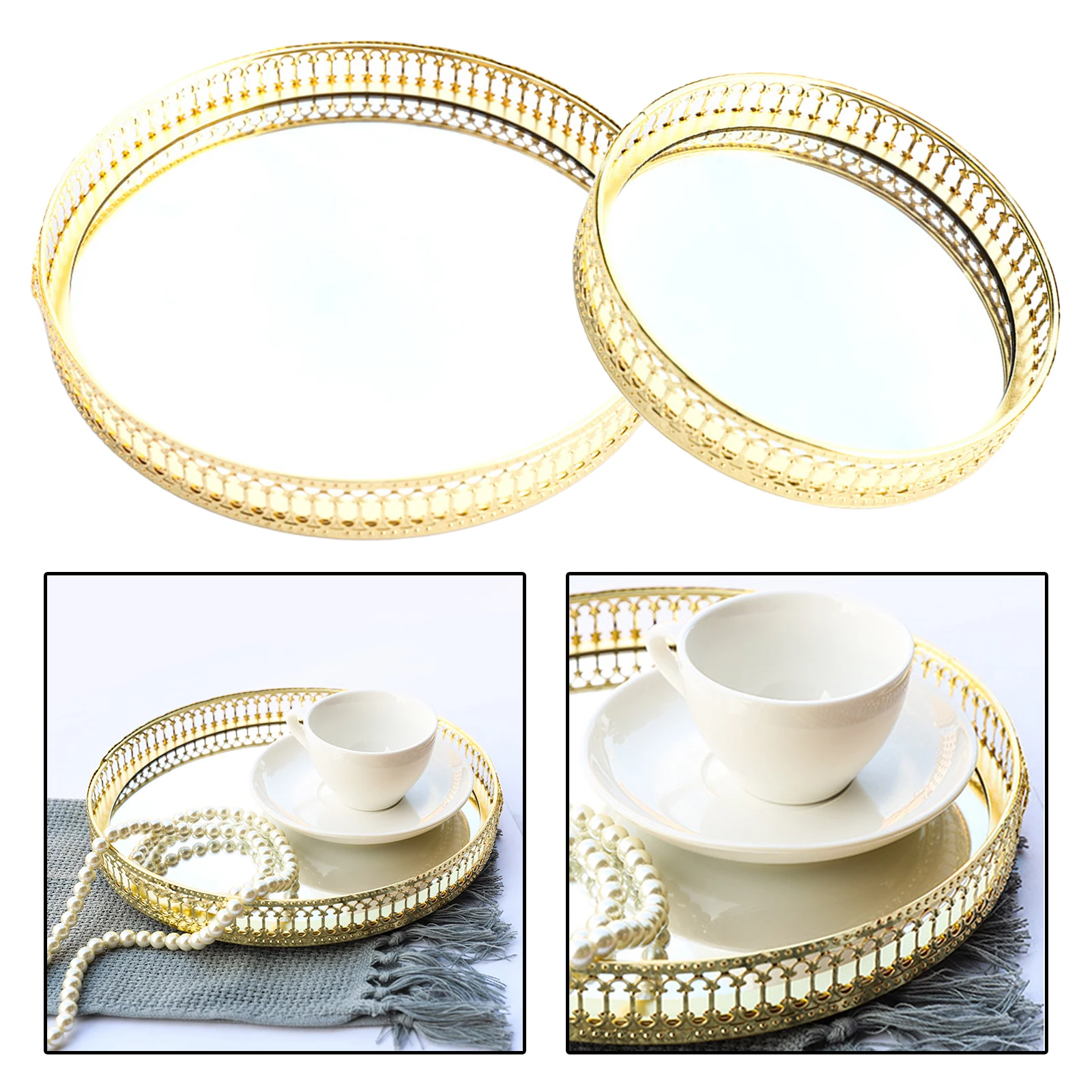 Vintage Mirror Glass Metal Storage Tray Gold Round Fruit Plate Desktop Small Items Jewelry Display Tray Plate