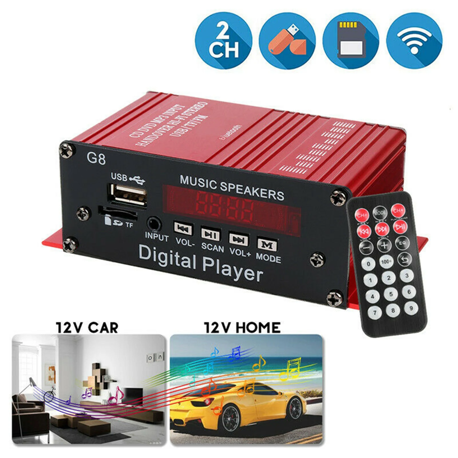 Bluetooth Stereo Audio 2 Channel Amplifier Receiver Integrated Amp with AUX IN, FM, USB ,TF Cards, U Disk DC 12V