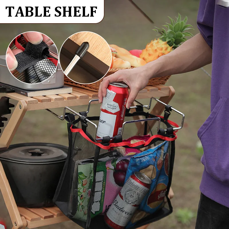 SIZHINAI Outdoor Storage Basket Holder Hanging Mesh Bag Organizer Portable Picnic Desk Side Trash Holder for Outdoor Grills Travel 
