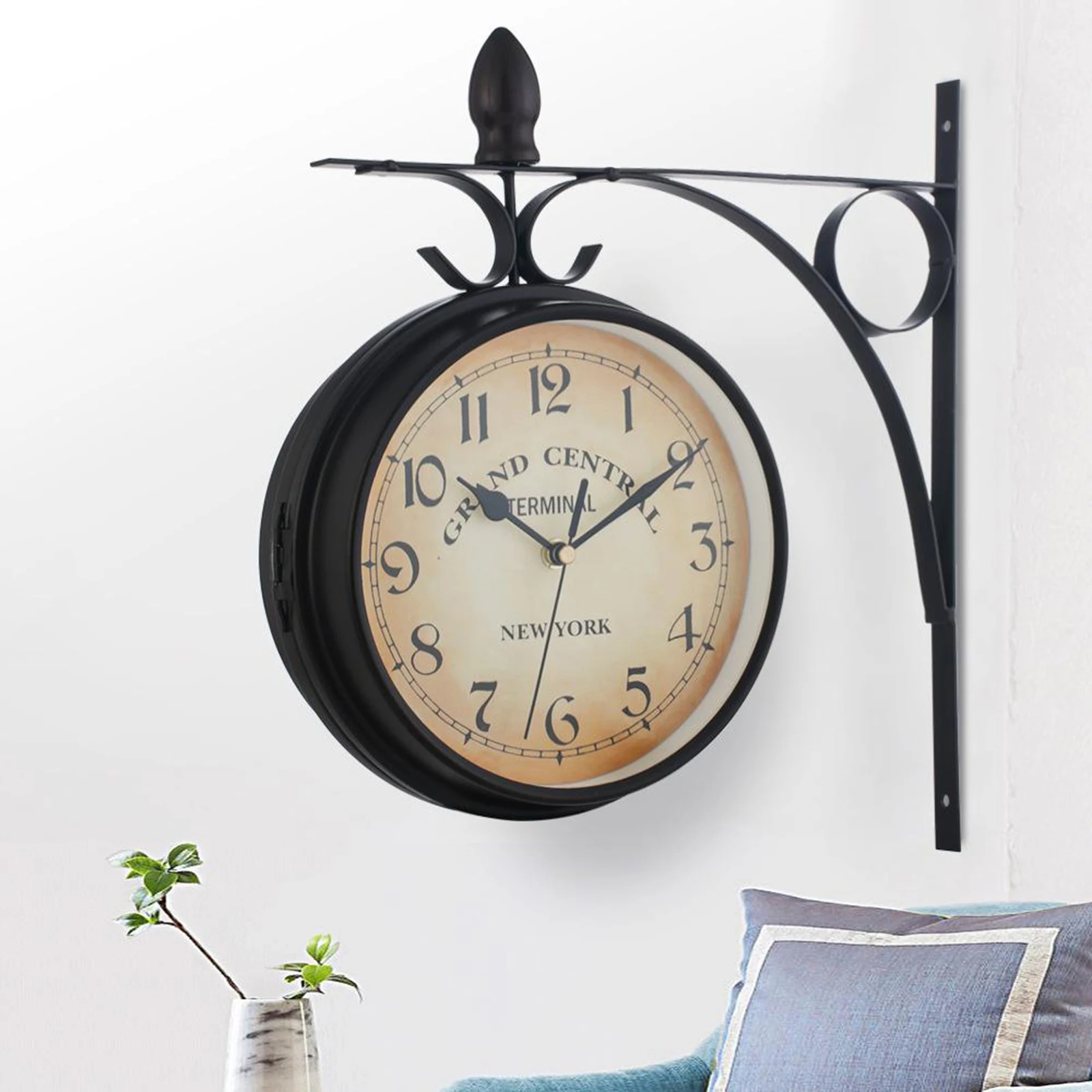 Wall Station Clock Ornament Double Sided Outdoor Wall Clock Iron Frame Retro