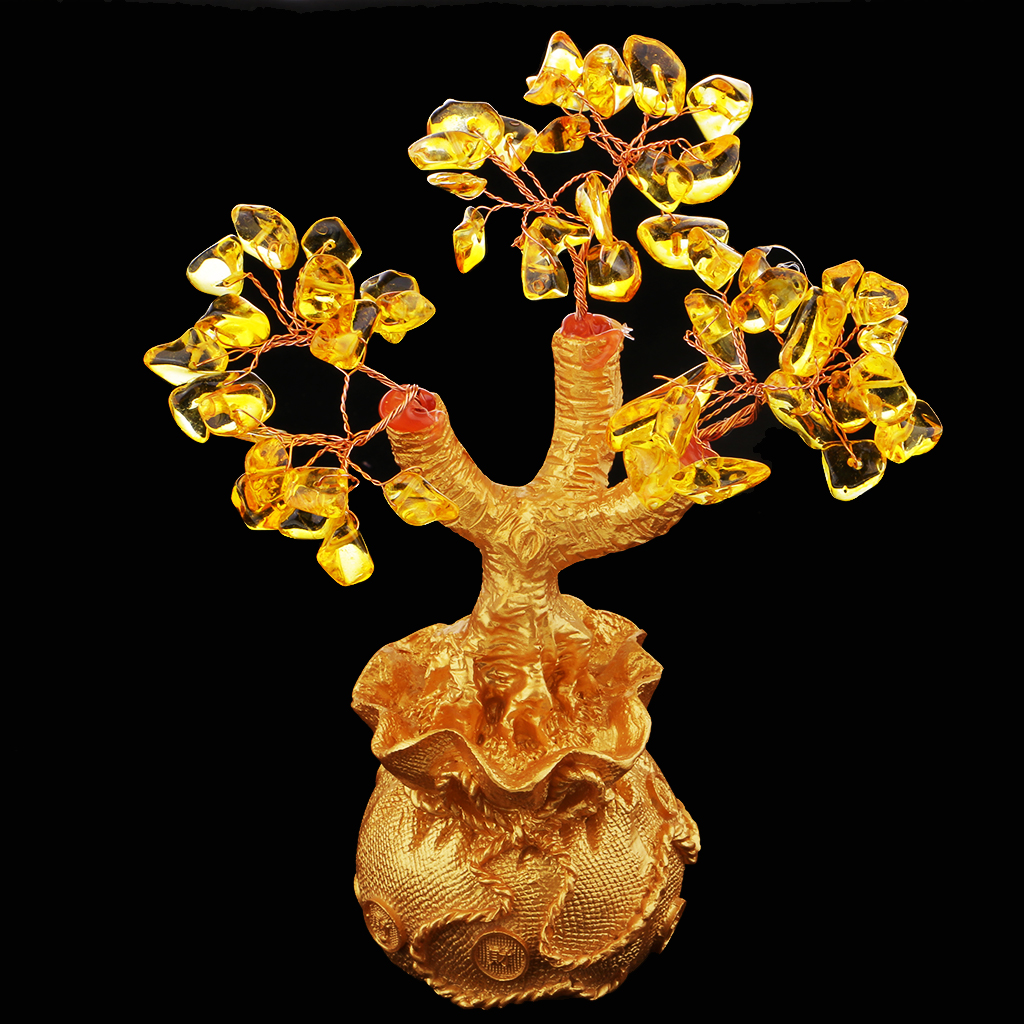 Feng Shui Crystal Money Wealth Tree Yellow Citrine Amethyst Gem Spiritual Lucky