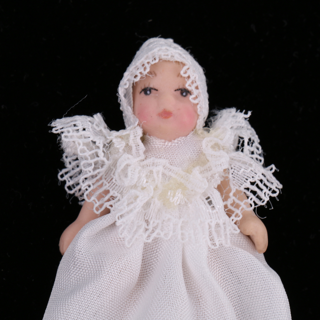 1/12 Scale Dollhouse Miniature People Figures Porcelain Baby Toddler Doll in White Lace Dress Rooms Accessories