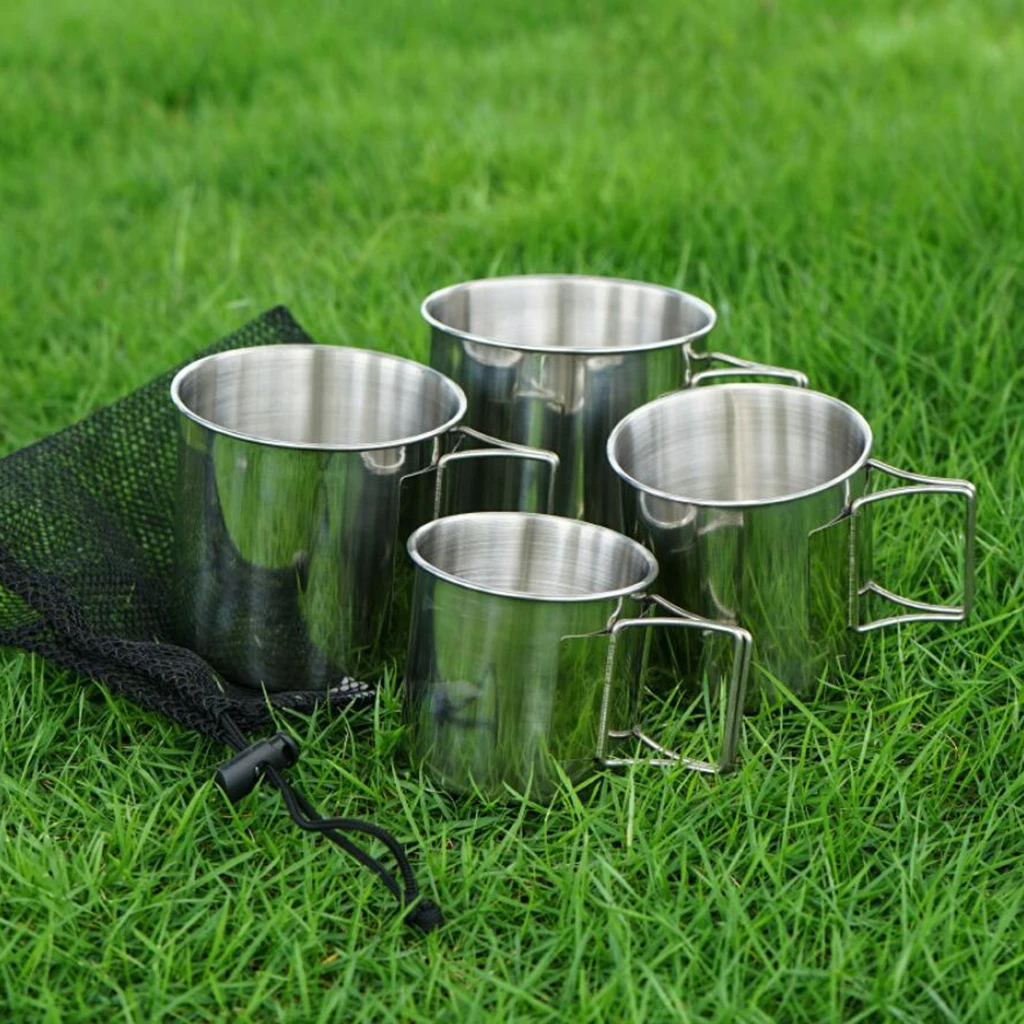 4 Pcs Stainless Steel Outdoor Travel Mug with Foldable Handle Insulation Lightweight Large Cup For Backpacking Camping Hiking