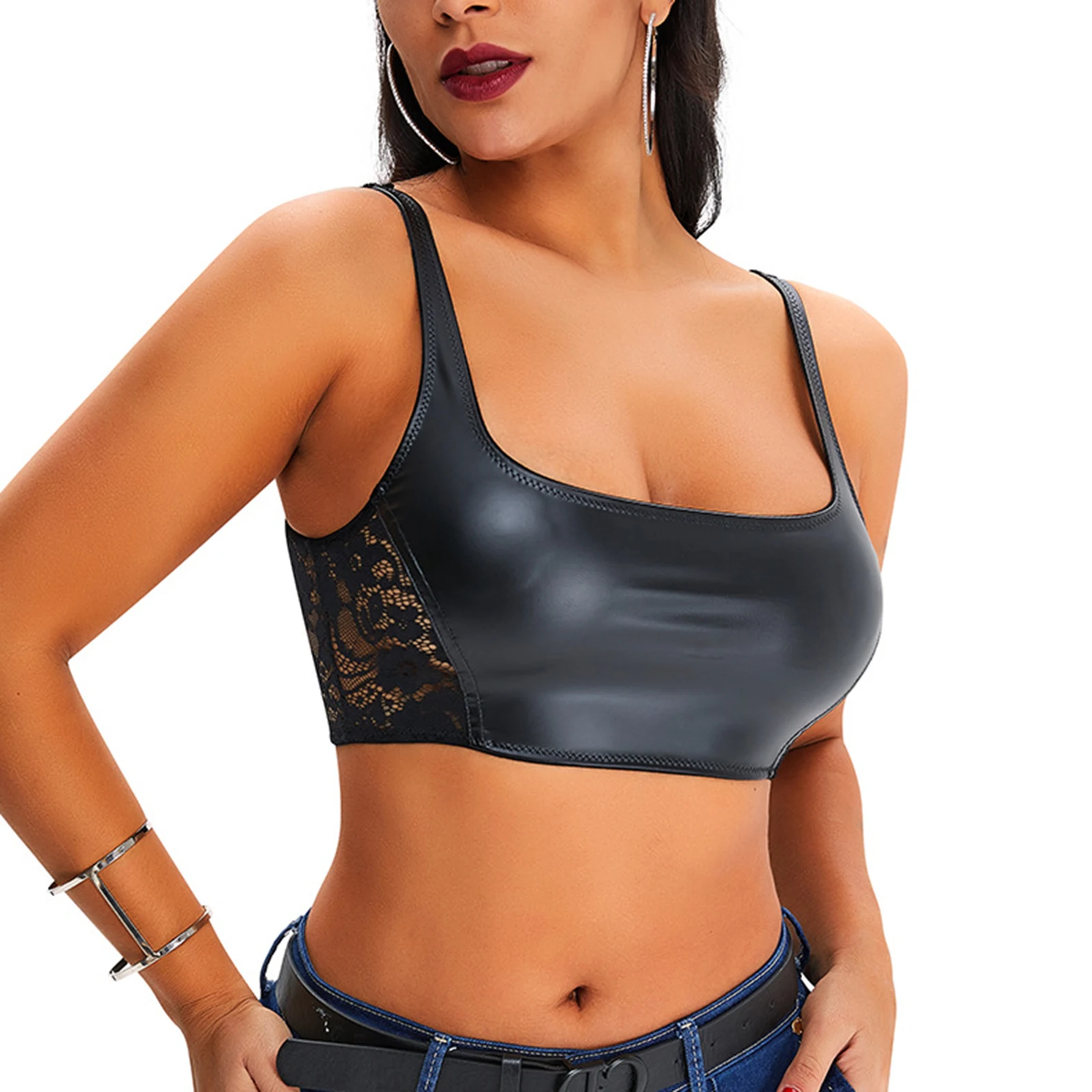 Womens Faux Leather Floral Lace Patchwork Crop Top Punk Tops Women Gothic Streetwear Tank Tops Summer Sexy Rave Party Clubwear