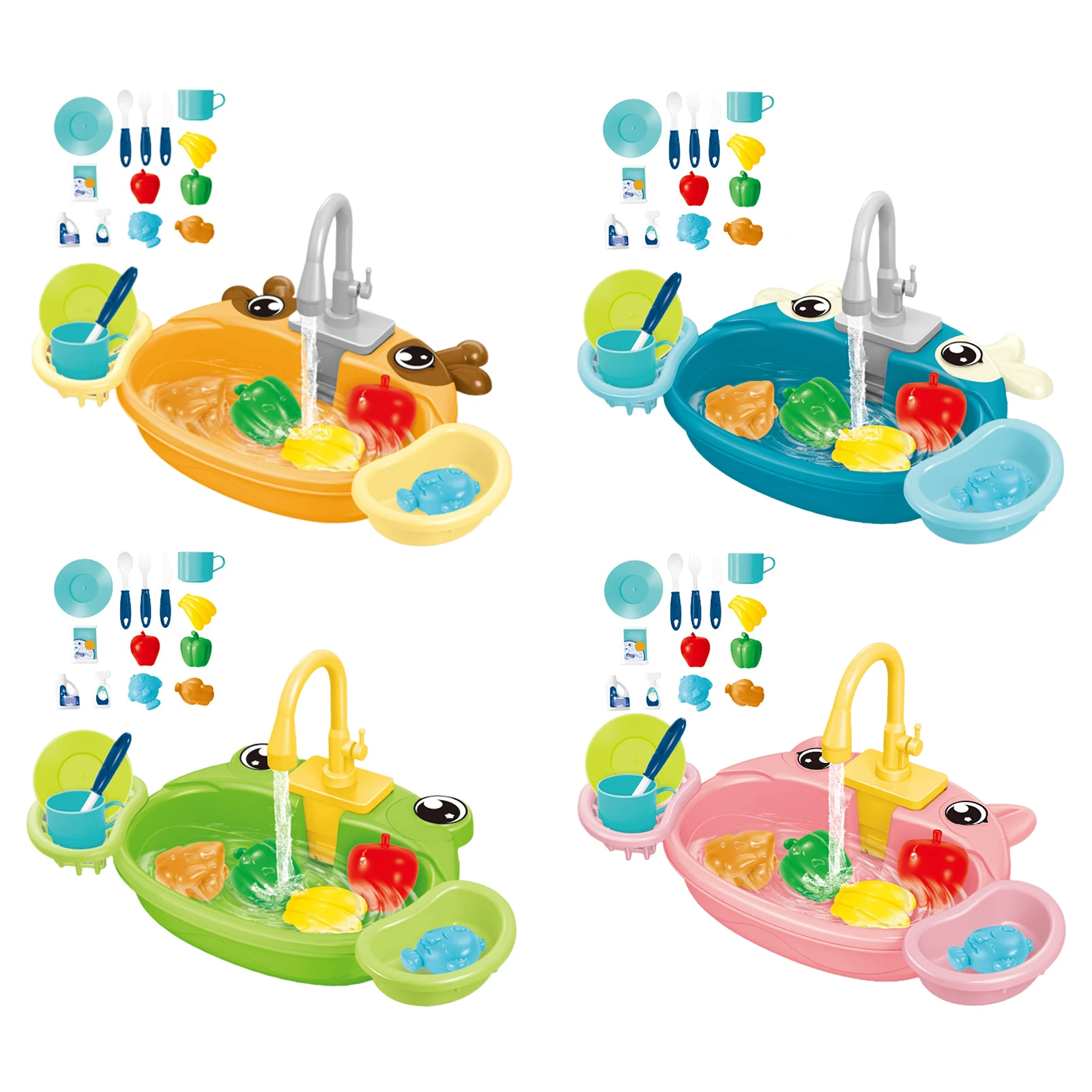 Kitchen Sink Toy Automatic Water Circuit System Sensory with Flowing Water Cleaning Montessori Sink Dishwashing Set for Kitchen