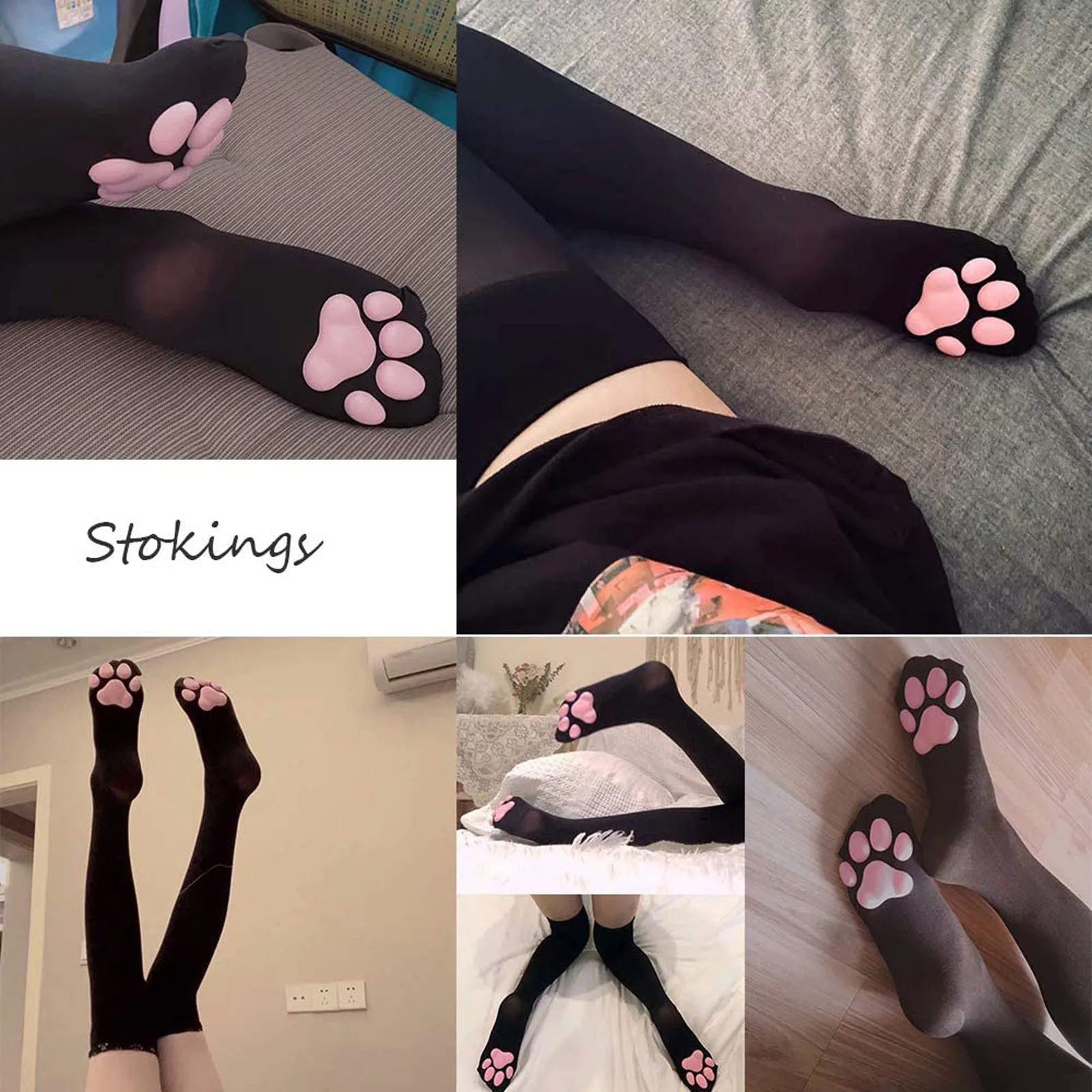 Cute Cat Paw Pad Socks for Women Girls 3D Kitten Claw Stockings Breathable Comfortable Over The Knee Socks Cat Cosplay Costume 