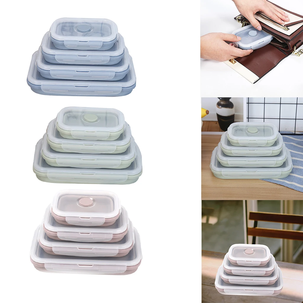 4pcs Silicone Collapsible Lunch Box Food Storage Container Bento Box Microwavable Portable for Picnic Camping Outdoor