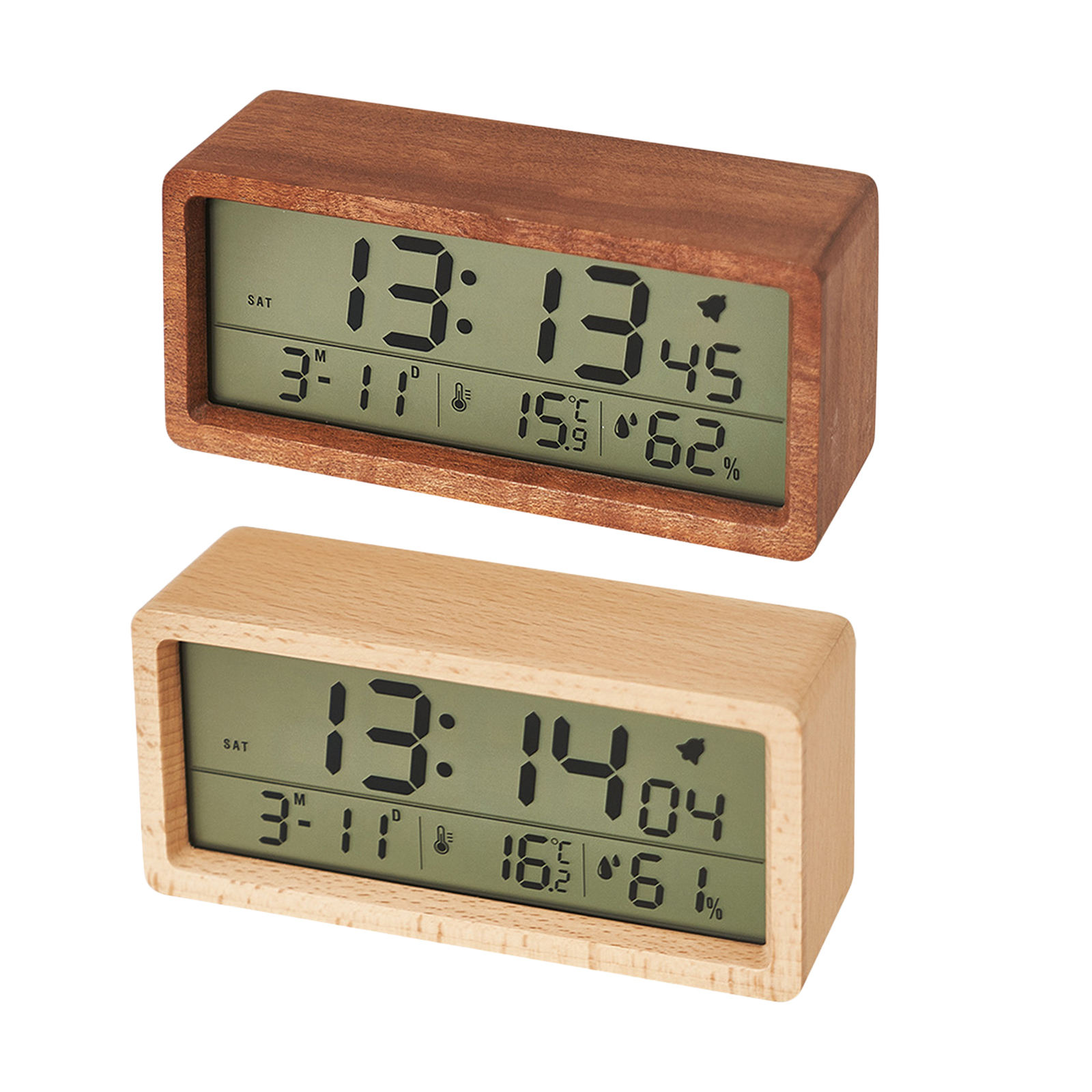 Wood Battery Powered Alarm Clock Humidity Temperature Week Time Display Snooze Mode Bedroom Bedside Kids Room Clocks
