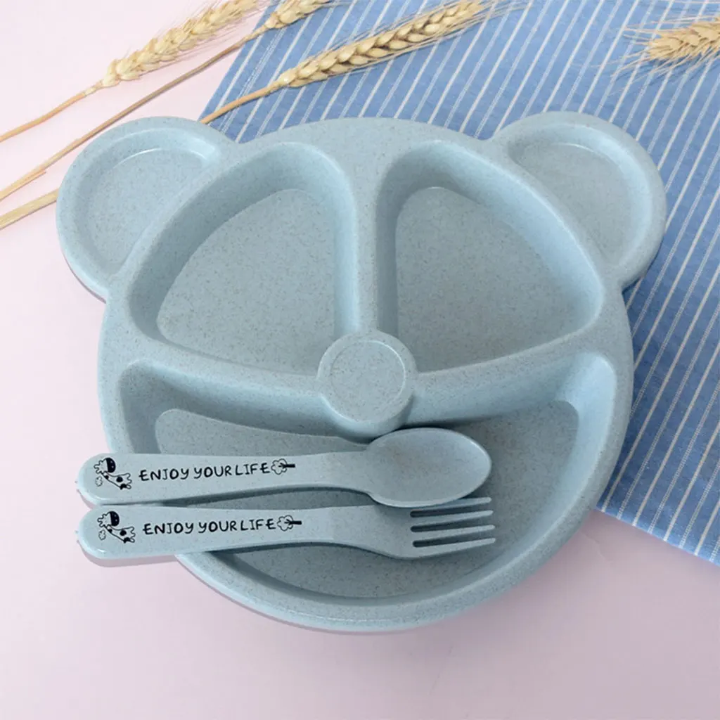 Divided Plates Set 3-Compartment Healthy Fork Lightweight Baby Dishes Tableware for Lunch Training dinner Toddler Kids
