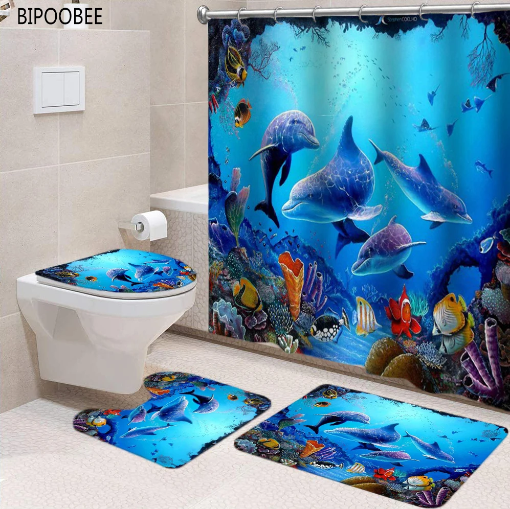 Details about   3D Ocean Design Dolphin Shower Curtains Set Anti-skid Rugs Toilet Lid Cover  Mat 