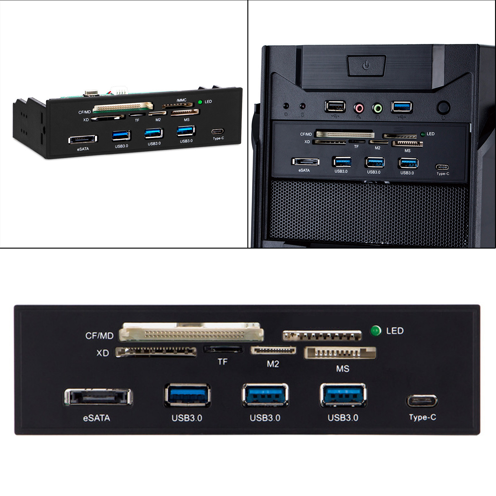 5.25 inch Internal Card Reader Dashboard PC Front Panel USB 3.0 w/ USB 3.1 Type-C Port Supports M2 SD MS XD CF Card