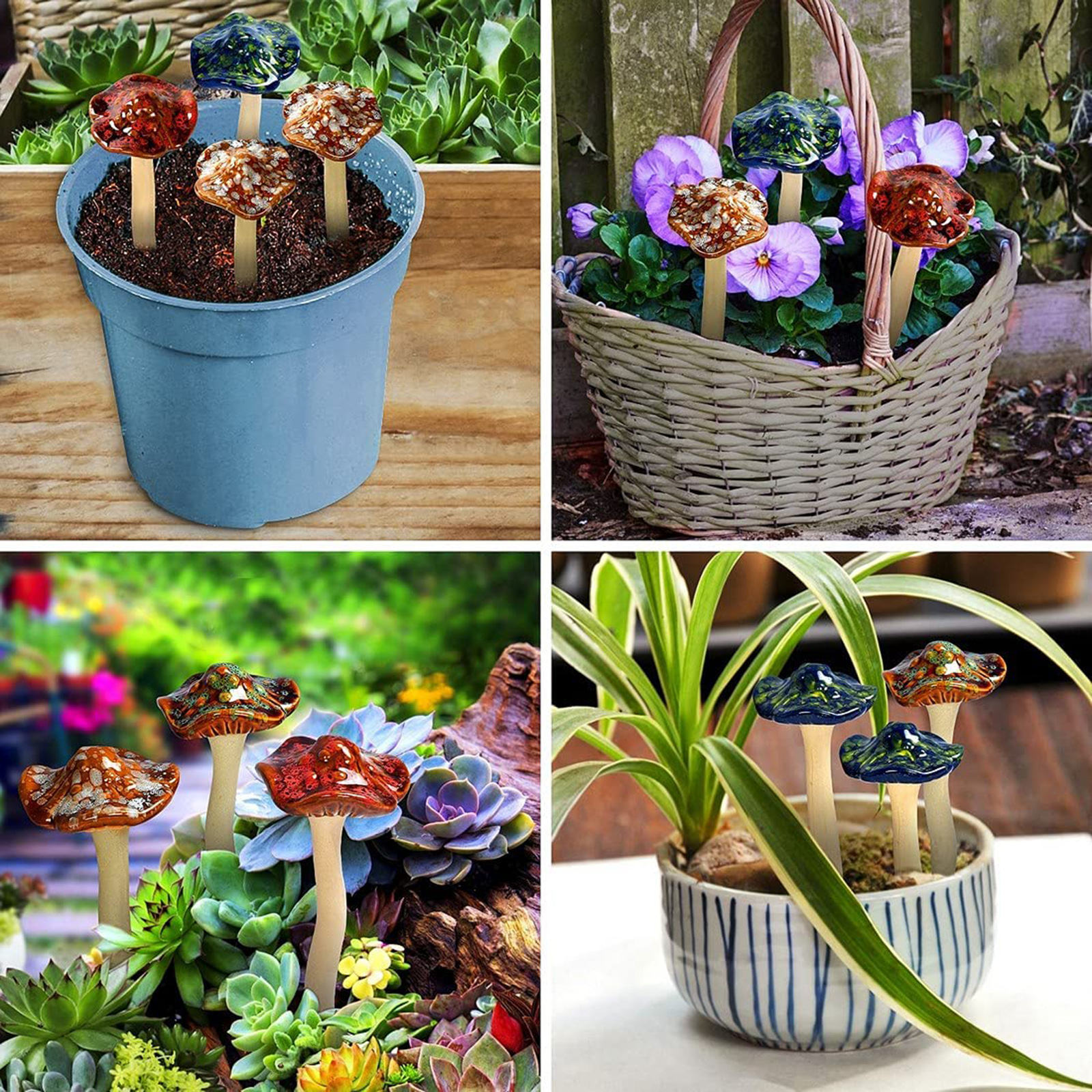 4PCS Colorful Ceramic Mushrooms Garden Decor Mushroom Toadstool Statue Plug Pottery Ornament for Fairy Garden Flowerpot Lawn