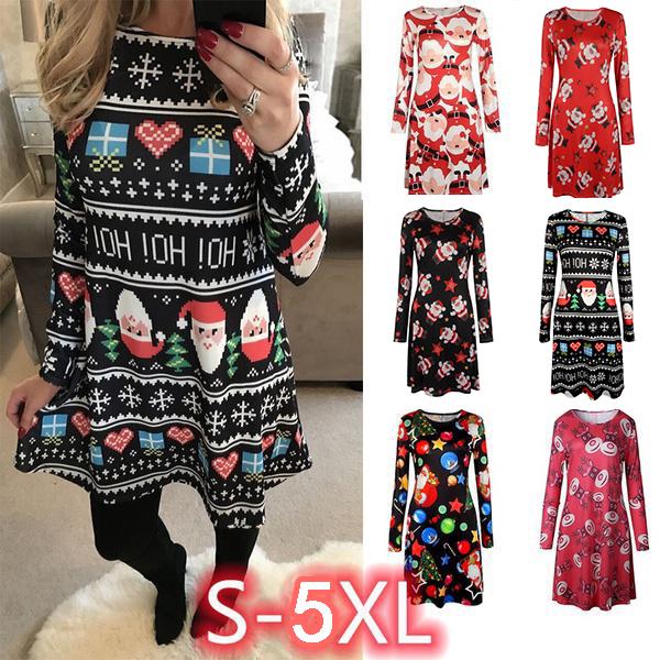 Women Santa Claus Elk Snowman Christmas Tree Printed Mini Dress O-neck Long  Sleeve Family Party Casual Plus Size A -line Dress - Dresses - AliExpress