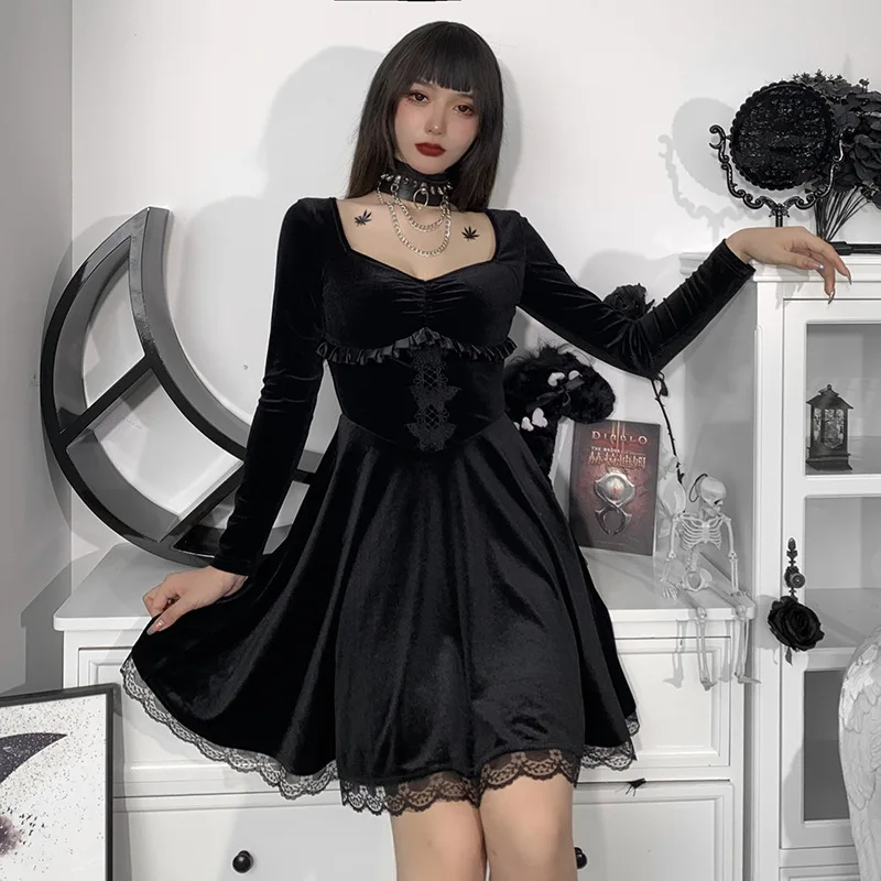 Vintage E-girl Grunge Gothic Black Velvet Mini Dress Elegant Lace Trim Long Sleeve High Waist Corset Lolita Dresses Women Autumn