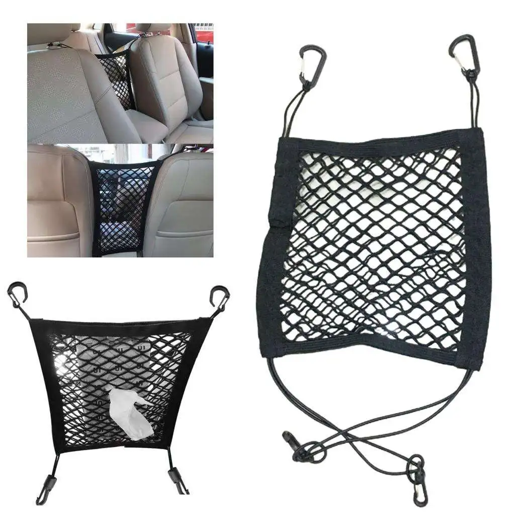 Car Seat Storage Mesh Organizer 2 Lays Front Seat Elastic Cargo String Net Pouch Holder for Drink Cup, Magazine, Umbrella