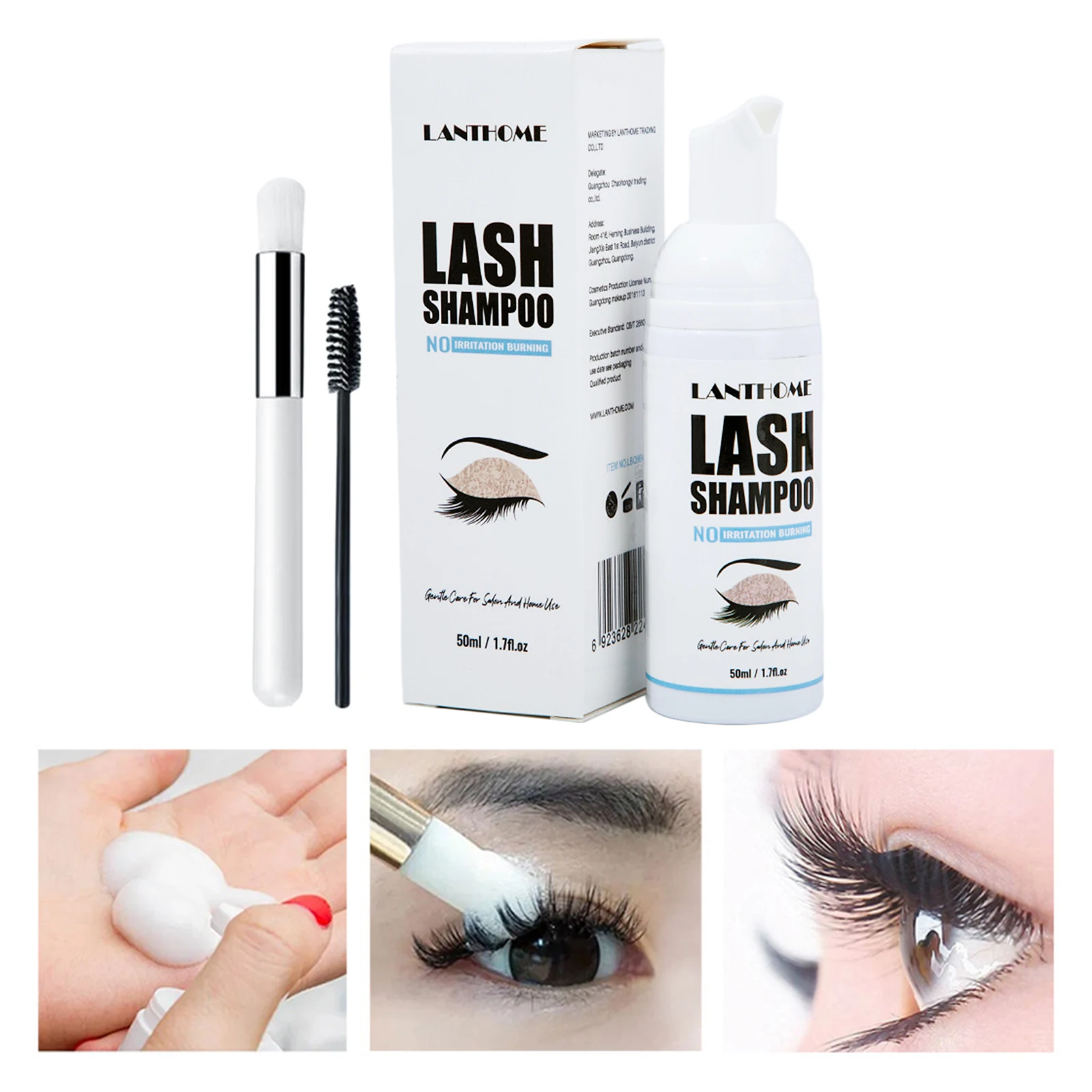 50ml Eyelash Extension Shampoo Foaming Cleanser for Residue Mascara Self Use Lash Extension Brush Kit Makeup Remover Brush