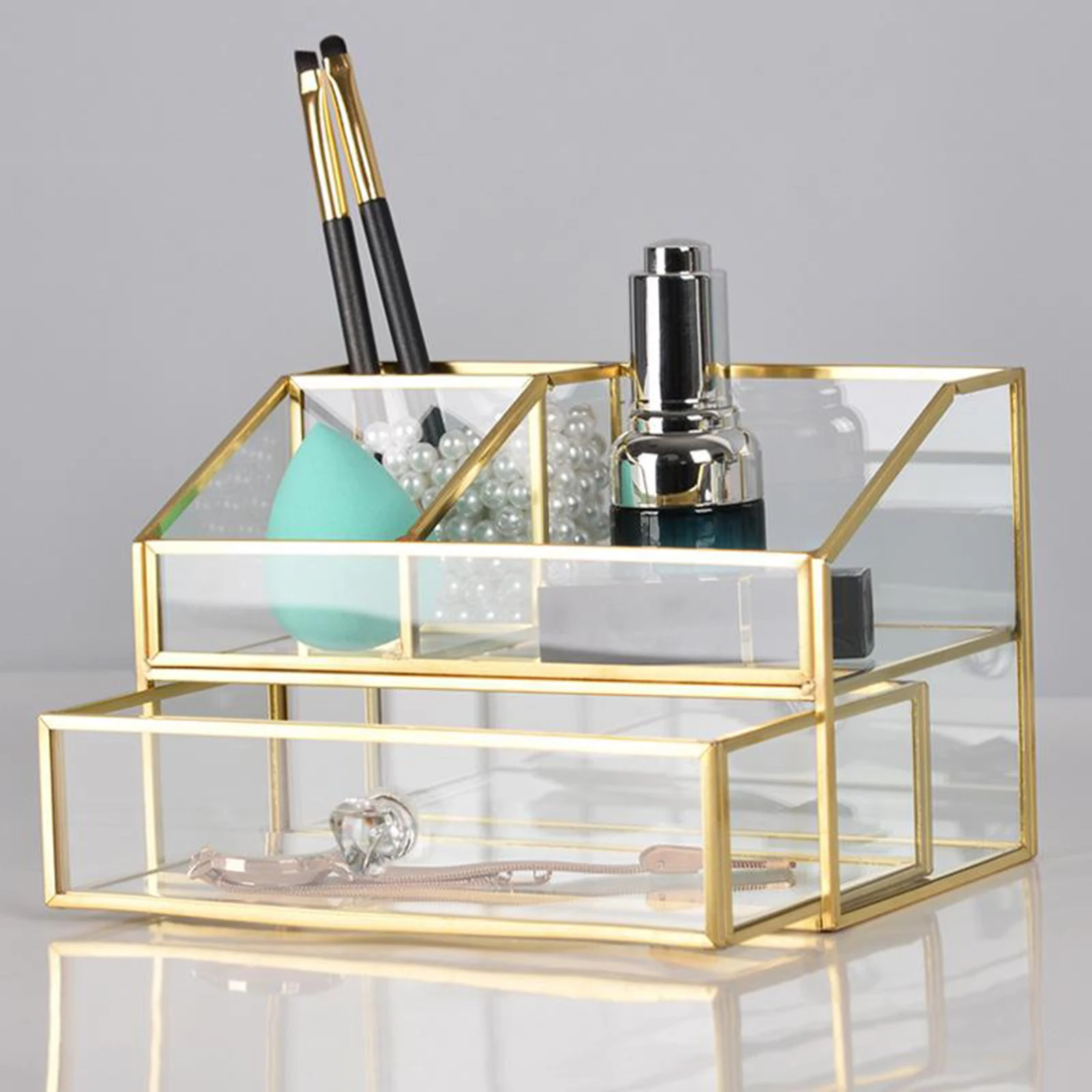 Antique Glass Cosmetics Storage Case Cosmetic Organizer for Dressing Table