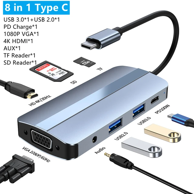 USB-C Multiport Adapter 8 in 1, HDMI 4K, VGA, HDTV, USB 3.0