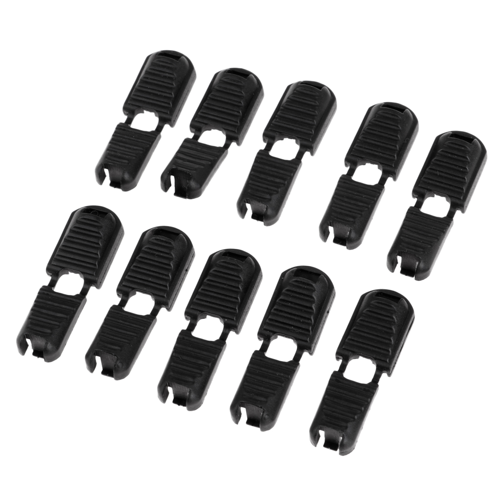 10x Black Plastic Zipper Pull Cord Ends Lock Stopper for Travel Packages, Hard Nylon Plastic, Detachable and Reusable