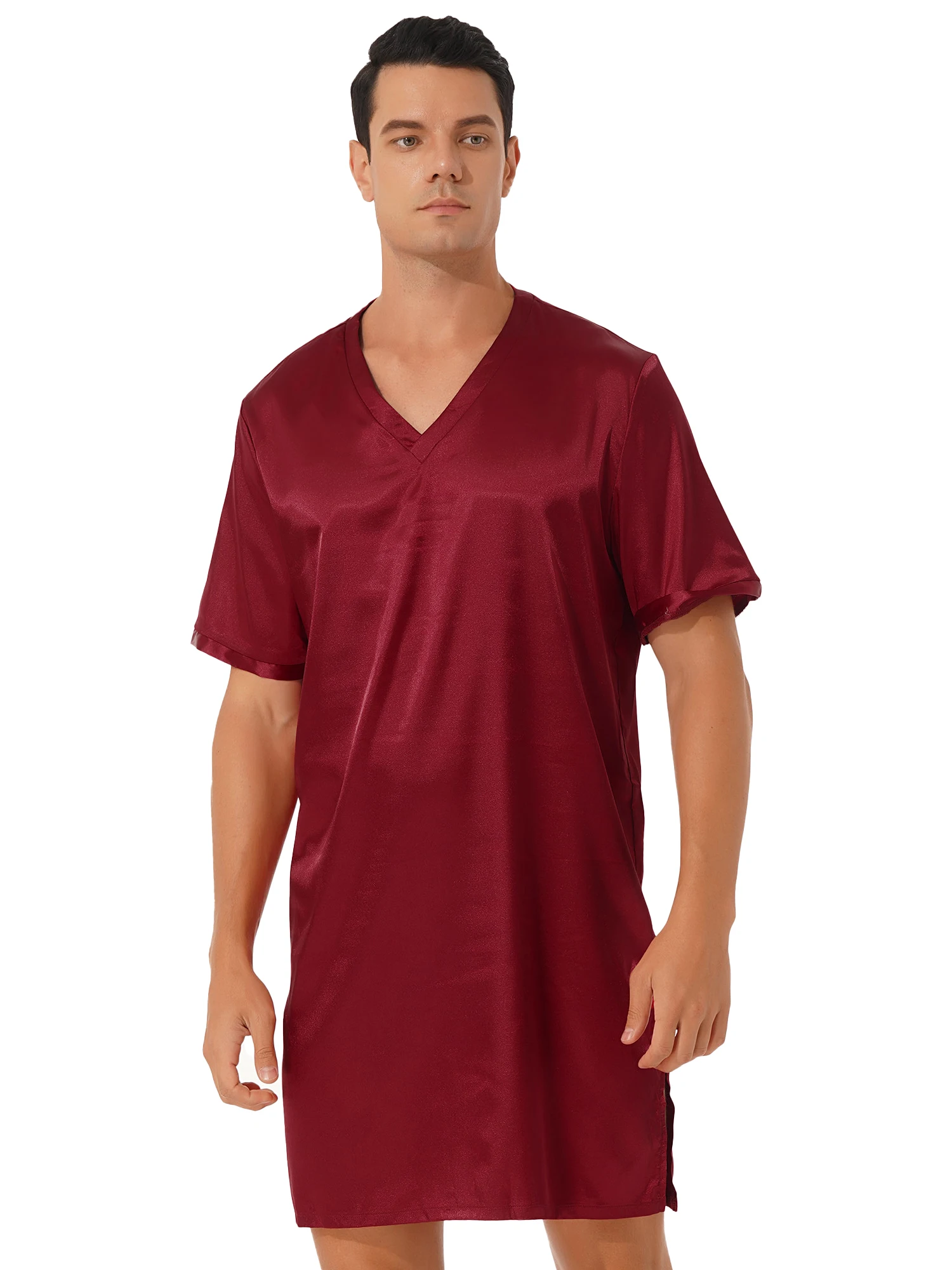 Men Women Satin Nightgown Robes V Neck Short Sleeve Sleepwear Nightclothes Homewear Sides Split Nightwear Sissy Comfort Dress mens designer pjs