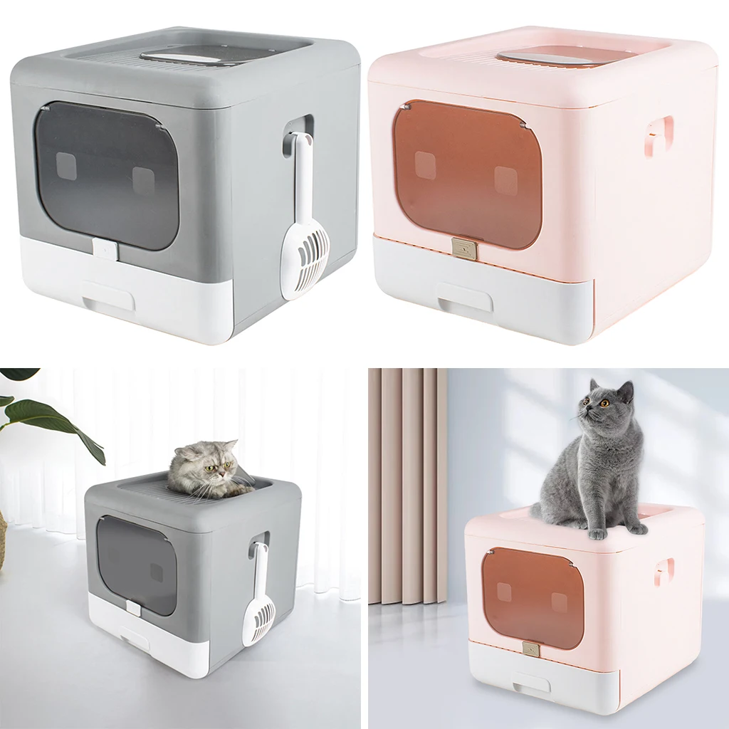 Portable Cat Litter Box Hooded Closed Cat Litter Tray, Folding Closed Cats Kitten Toilet 2 Entrances, Cat Litter Pan Container