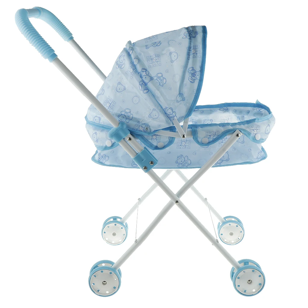 Precious Toys Blue Little Bear Foldable Dolls Pram with 4 Swivel Wheels