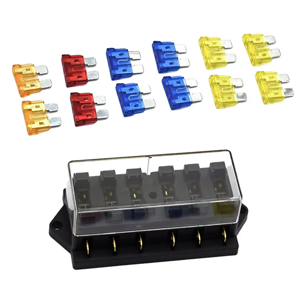 Car 6-Way Blades Circuit Fuse Box Holder 5A/10A/15A/20A Fuses for Yacht RV