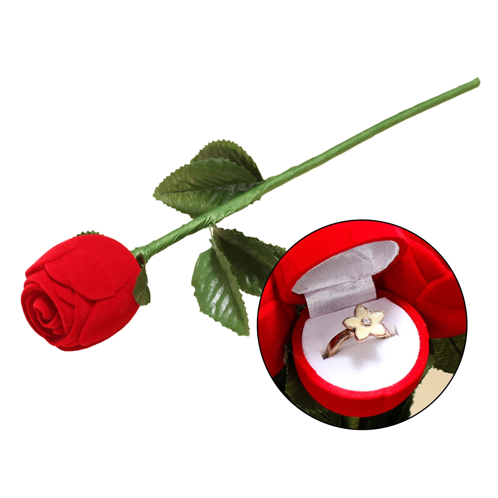 Red Rose Jewelry Box Bottom with Green Leaf Velvet Flannelette Engagement Wedding Ring Gift Case Display Holder