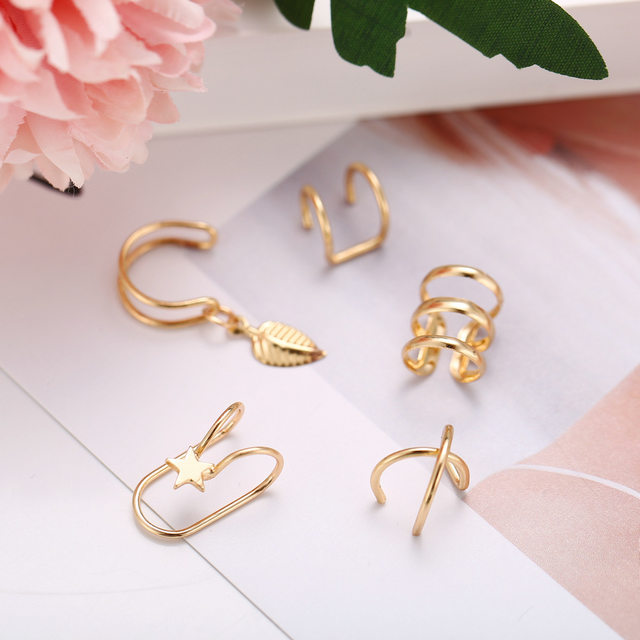 5Pcs/set Minimalist Double Wrap Leaf Star Cross Ear Cuff Dainty