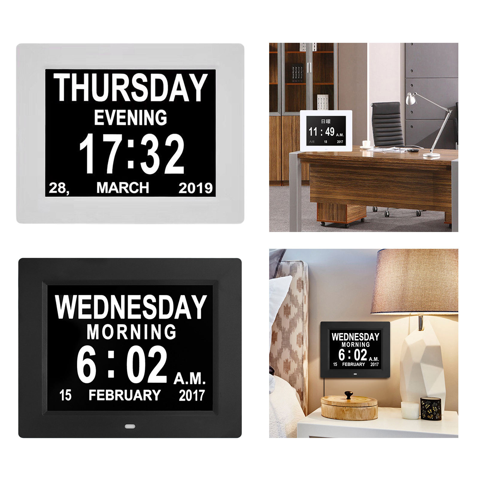 Digital Day Clock Photo Frame Custom Alarms Auto Dimmable 5 Daily Alarms Helps for Elderly Memory Loss Dementia or Kids EU