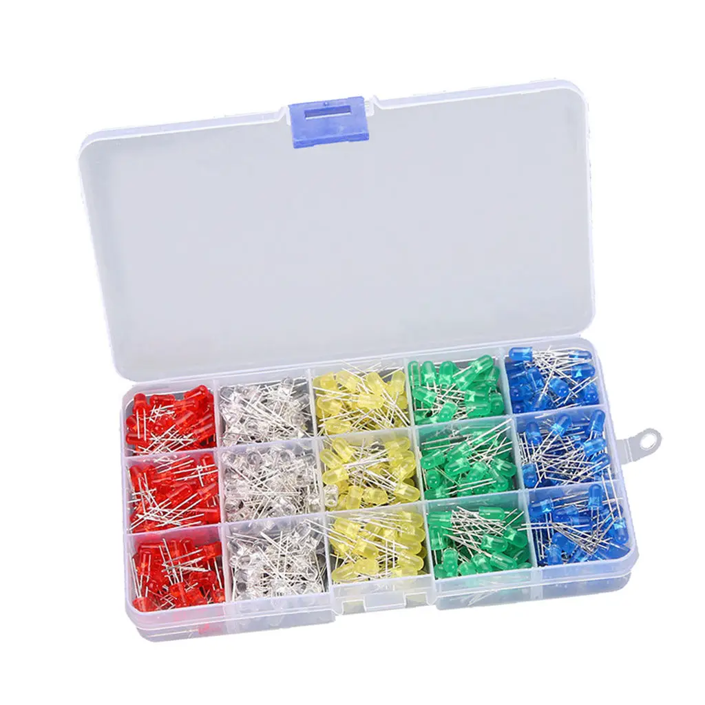 500pcs 5mm LED Diodes Lights Round Head Light Emitting Diode Lamp Bulb Assortment Kit - White/Yellow/Red/Blue/Green