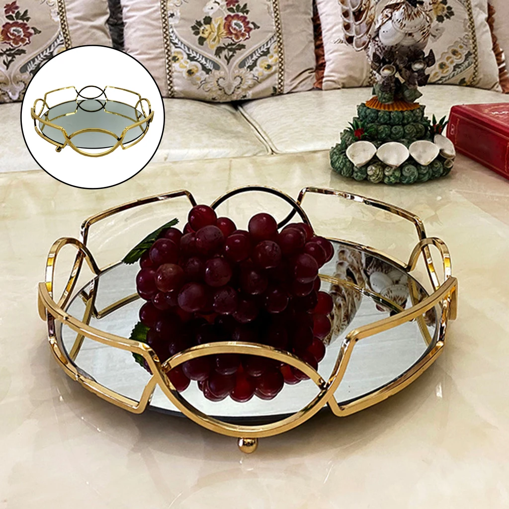 Mirrored Vanity Tray with Metal Frame Ornate Tray for Perfume, Jewelry and Makeup Organizer Food Fruit Serving Tray Plate