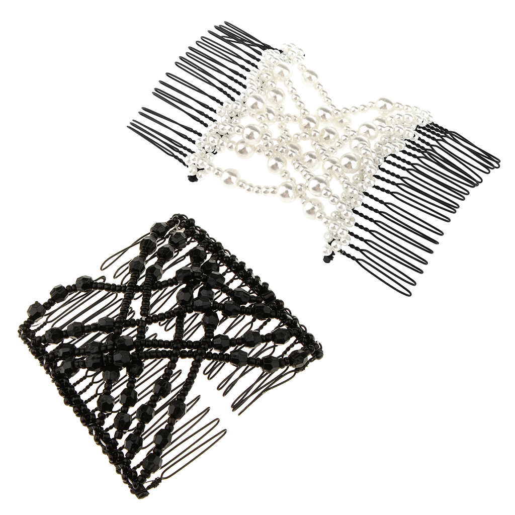 2Pcs Double Slide Hair Comb Magic Bead Stretchy Hair Combs Clips Black+White Headwear Accessories