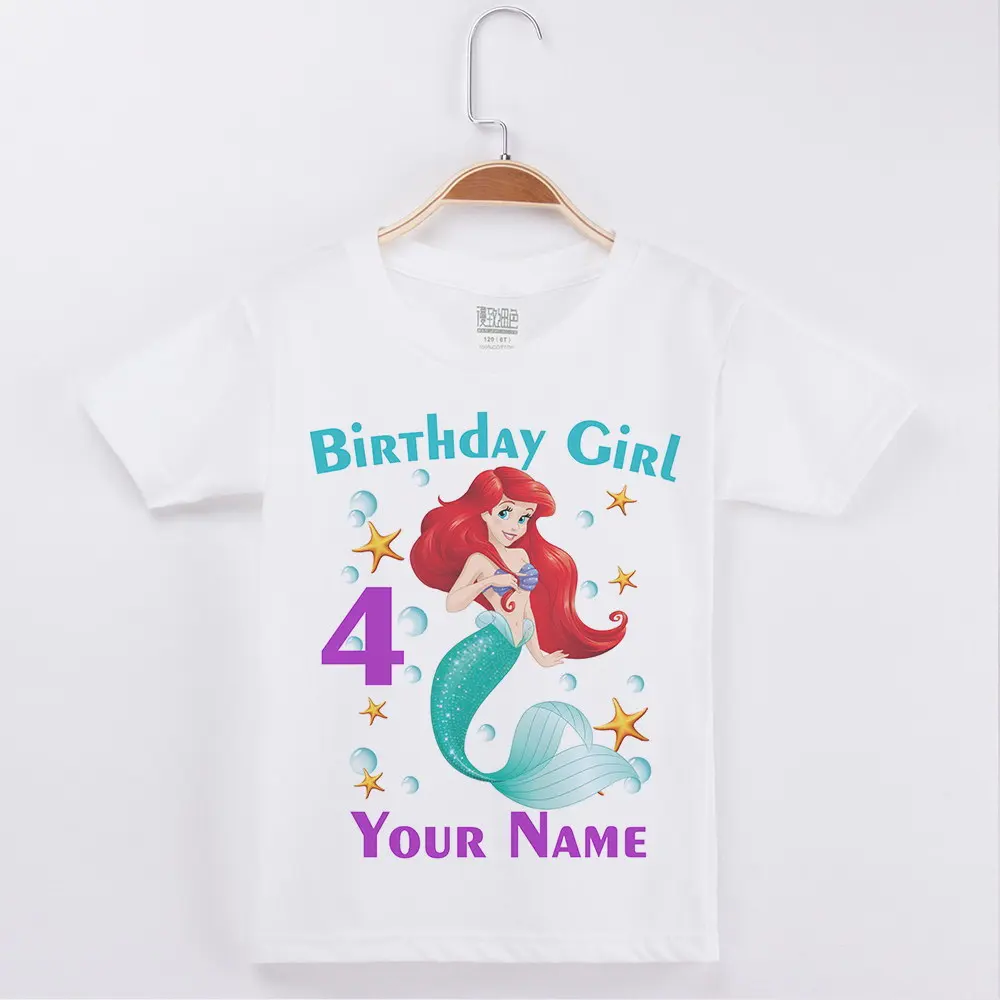 Camiseta de feliz cumpleaños para niña, camisas con estampado de sirena niña, número 3 12, nombre personalizado, camisetas para fiesta de ropa para niños|Camisetas| - AliExpress