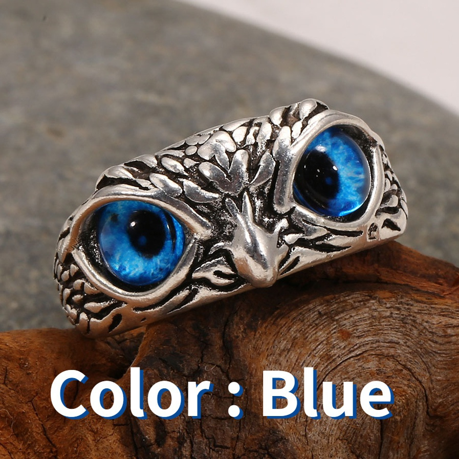YADELAI Charming Fashion Owl Ring Vintage Man and Women Alloy Blue Eyes Owl Ring Versatile Argent  Adjustable Creativering Ring