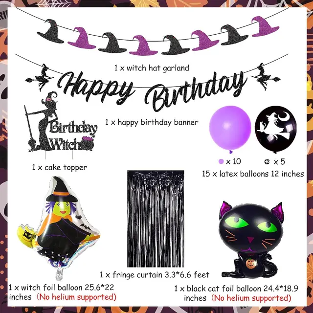  Suministros de decoraciones para fiesta de cumpleaños de Brujas, globos de papel de aluminio con Gato Negro de bruja para decoración de fiesta temática de bruja de Halloween