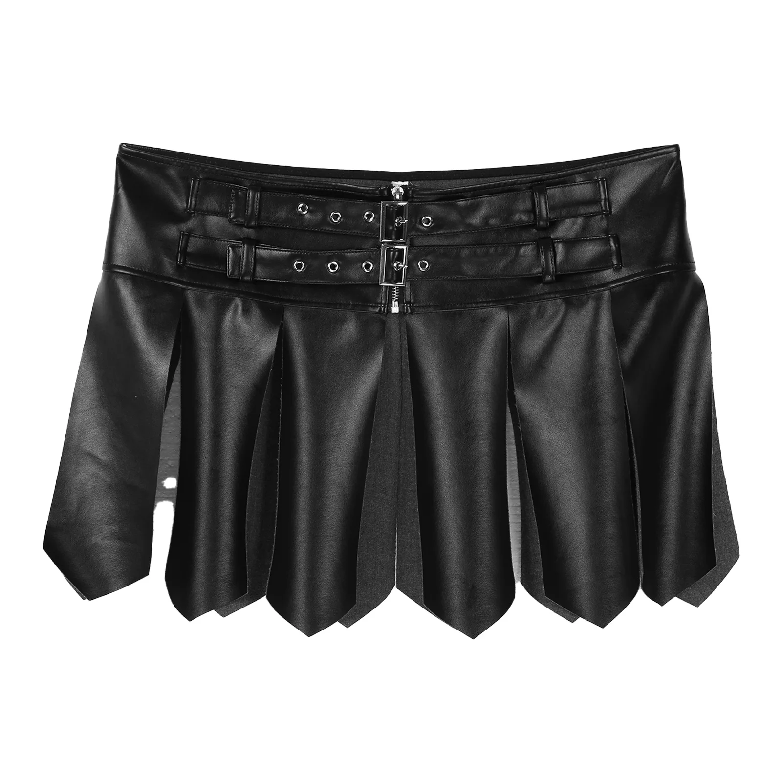 Men Black Solid  Faux Leather Tassel Short Skirt Halloween Fancy Dress Ball Costume Adjustable Buckle Zipper Waistband Miniskirt maamgic sweat shorts