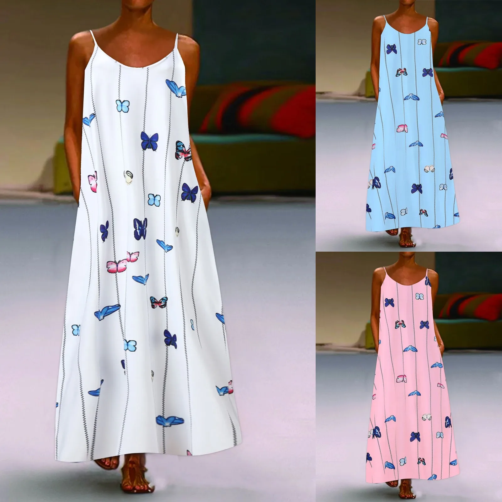 Butterfly Printed Sling Long Dress