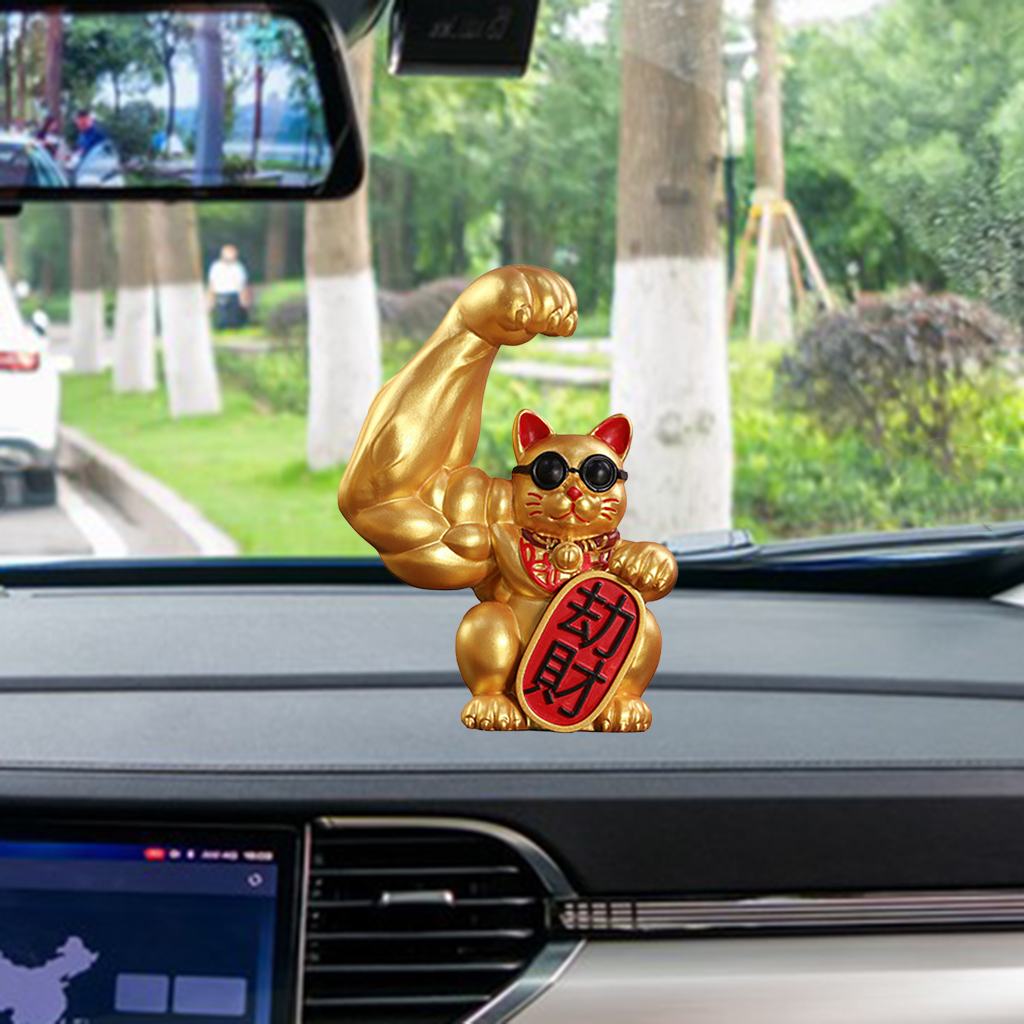Giant Lucky Cat Statue Resin Muscle Arm Figurines Waving Arm Fortune Cat Powered Home Office Car Decorative Figurine Ornament