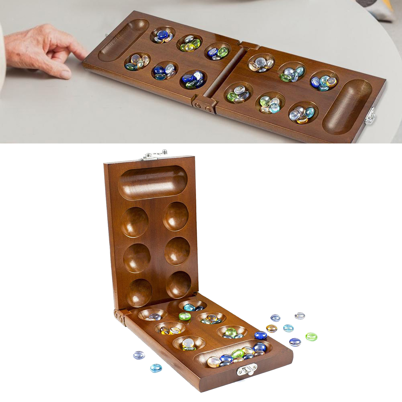 Mancala Board Game with Stone Beads for Adult, Wooden Board Game for Families Kids, Portable Folding Travel Size
