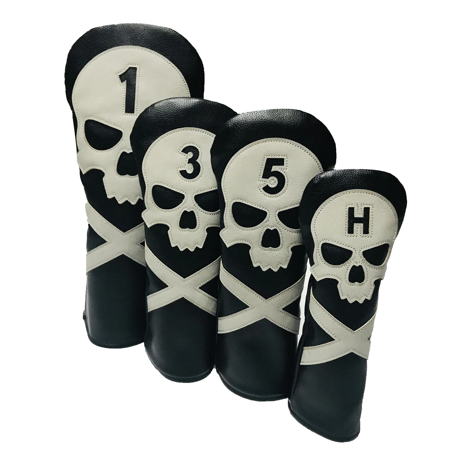 4 Pieces PU Leather Skull Printed Golf Wood Head Cover Golf Club PU Leather Headcovers Fit Driver Fairway Wood Hybrid