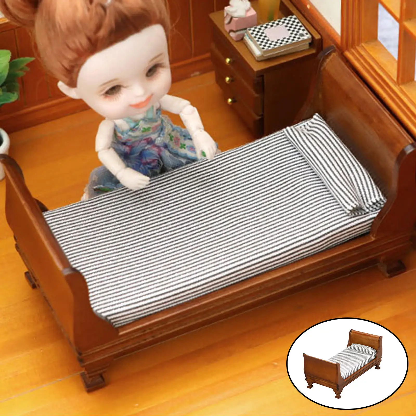 1:12 Retro Single Bed with Sheet,Doll House Furniture Life Scene Supplies,Bedroom Home Scenery Miniature Oranments